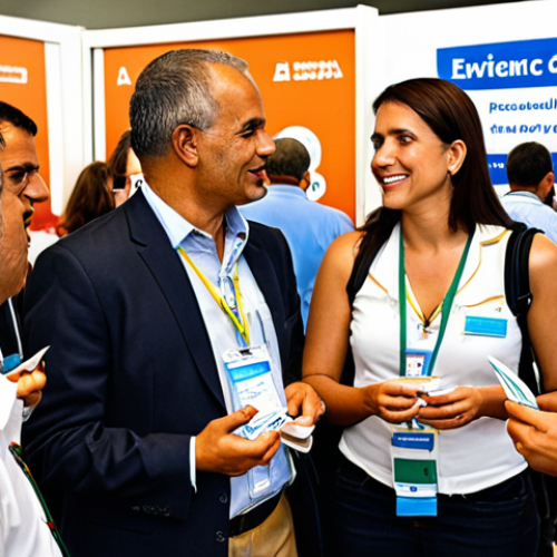 Home 14 **
A diverse group of professionals networking at a road safety conference in Brazil. Capture a lively scene with people exchanging business cards, discussing traffic engineering projects, and presenting on road safety technologies. The setting should be a modern conference center with ABETRAN (Associação Brasileira de Engenharia de Tráfego) banners visible. Focus on positive interaction and collaboration.
**
