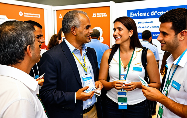 **
A diverse group of professionals networking at a road safety conference in Brazil. Capture a lively scene with people exchanging business cards, discussing traffic engineering projects, and presenting on road safety technologies. The setting should be a modern conference center with ABETRAN (Associação Brasileira de Engenharia de Tráfego) banners visible. Focus on positive interaction and collaboration.
**