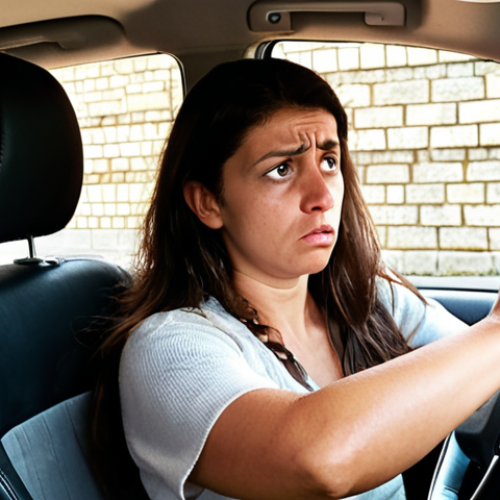 Home 7 **A nervous driving test candidate:** Focus on a person inside a car during a driving test, showing visible signs of anxiety (sweaty palms, tense expression). The examiner is subtly observing. The setting should suggest a typical Portuguese street scene or driving test area. The style should be realistic.
