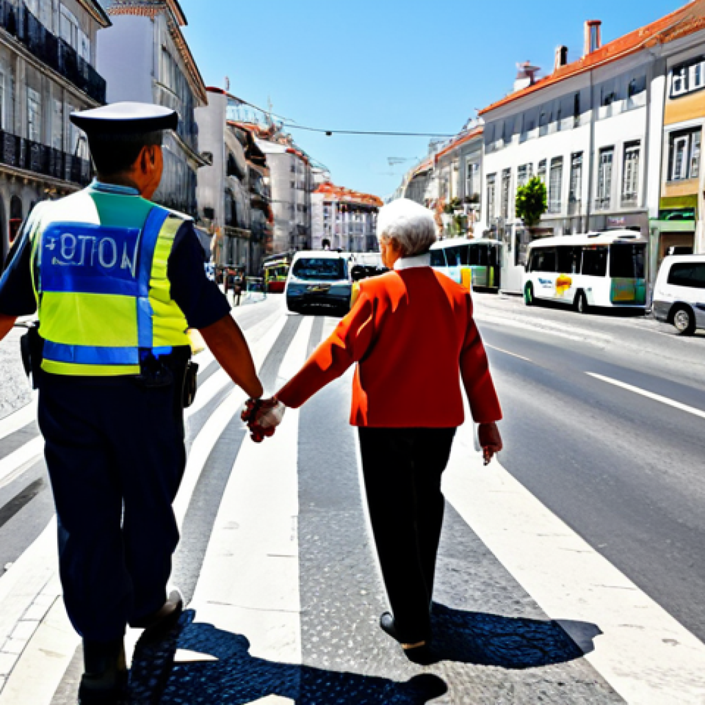 **

"A Lisbon traffic officer, fully clothed in a professional uniform, assisting an elderly woman crossing a busy street with traditional Portuguese buildings in the background, safe for work, appropriate content, perfect anatomy, correct proportions, professional, family-friendly, sunny day, natural pose, well-formed hands, proper finger count."

**