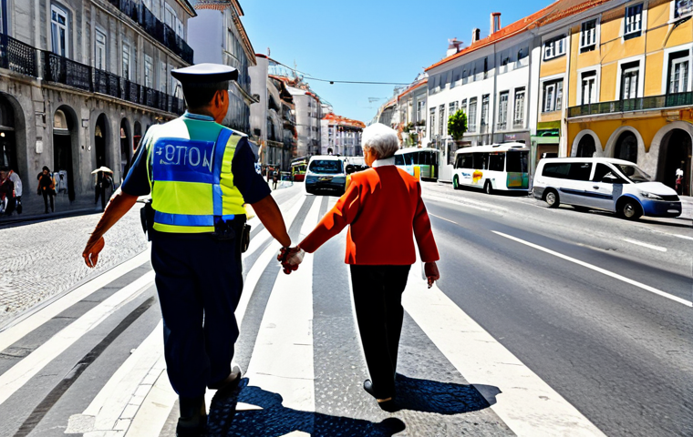 **

"A Lisbon traffic officer, fully clothed in a professional uniform, assisting an elderly woman crossing a busy street with traditional Portuguese buildings in the background, safe for work, appropriate content, perfect anatomy, correct proportions, professional, family-friendly, sunny day, natural pose, well-formed hands, proper finger count."

**