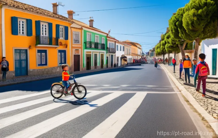 도로교통사와 관련된 커뮤니티 참여 - **Prompt 1: Community-Led Road Safety Education in a Portuguese Village**
"A vibrant, wide-angle...