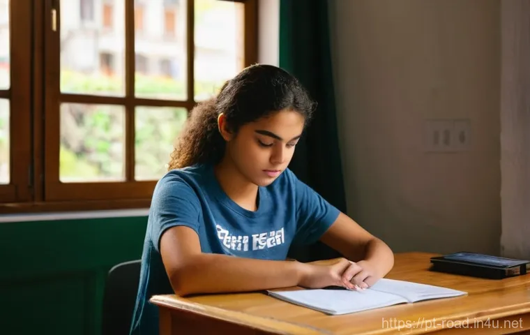 도로교통사 주요 과목 학습법 - **Prompt:** A young Portuguese woman, approximately 19 years old, sits at a tidy wooden desk in a su...