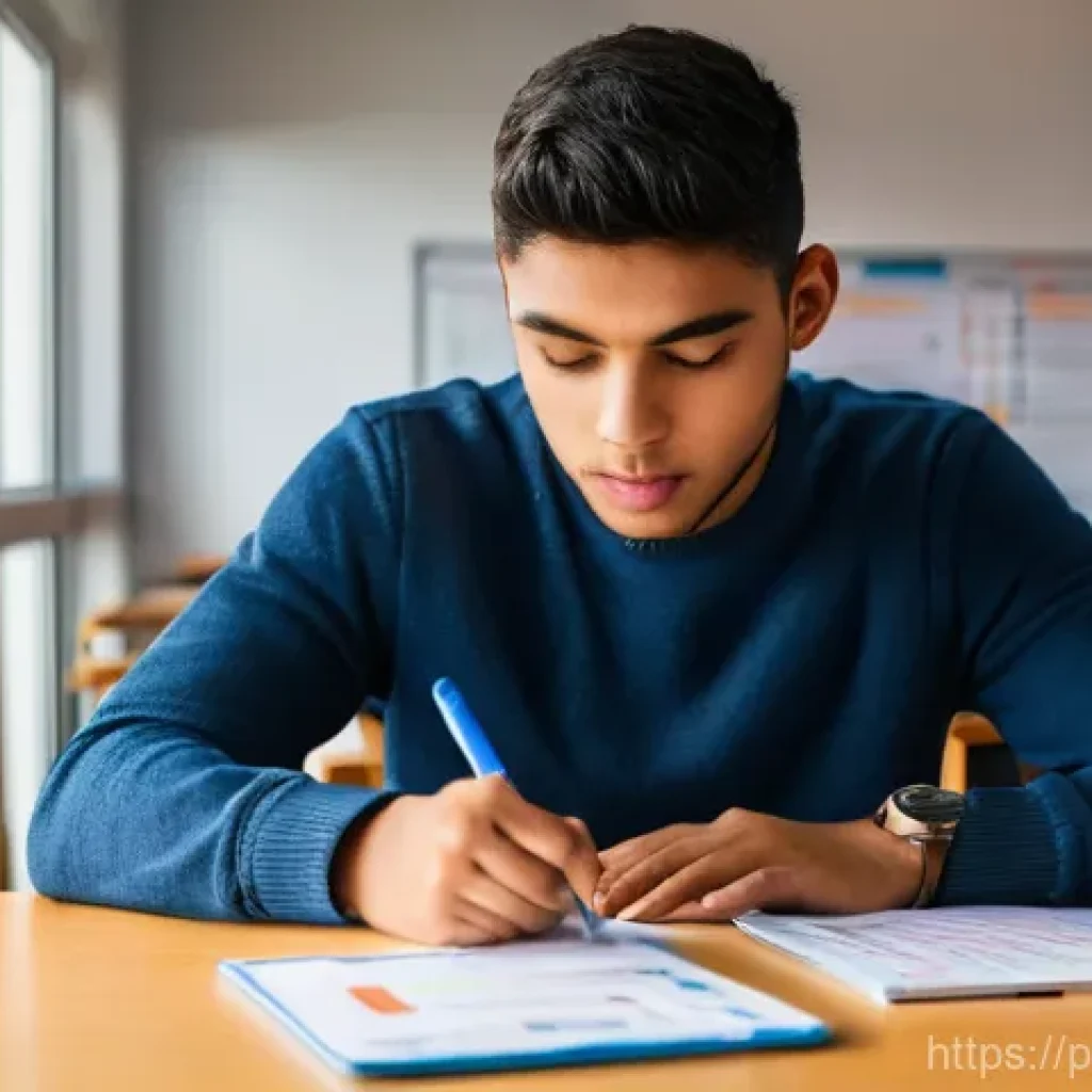 도로교통사 필기시험 대비 문제 풀이 - **Focused Study Session:** A diverse young adult, approximately 20-25 years old, is deeply engrossed...