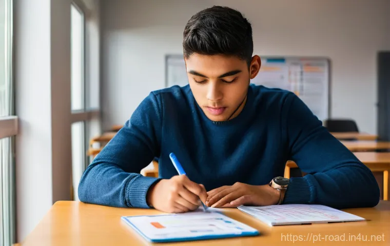 도로교통사 필기시험 대비 문제 풀이 - **Focused Study Session:** A diverse young adult, approximately 20-25 years old, is deeply engrossed...