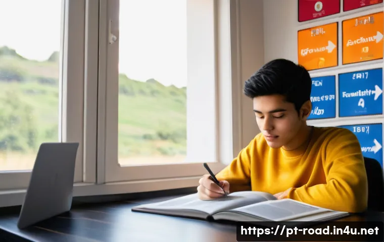 도로교통사 실기시험 준비를 위한 자료 - **Prompt:** A young adult, around 20 years old, male or female, sits comfortably at a modern desk, d...