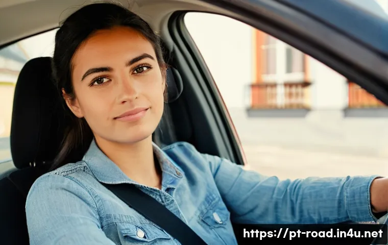 도로교통사 시험 준비를 위한 필수 학습 방법 - **Prompt:** "A young Portuguese woman in her early twenties is sitting confidently in the driver's s...