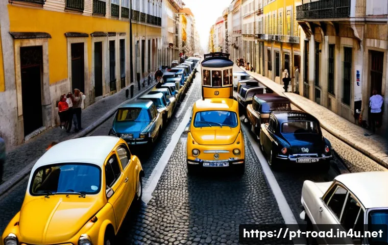 도로교통사 이론과 실무 차이점 - **A Busy Lisbon Rush Hour Scene**
    A dynamic, high-angle shot of a bustling street in central Lis...