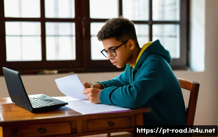 도로교통사 필기시험 성공 비법 - A detailed study scene showing a young adult Brazilian student attentively reading the Brazilian Tra...