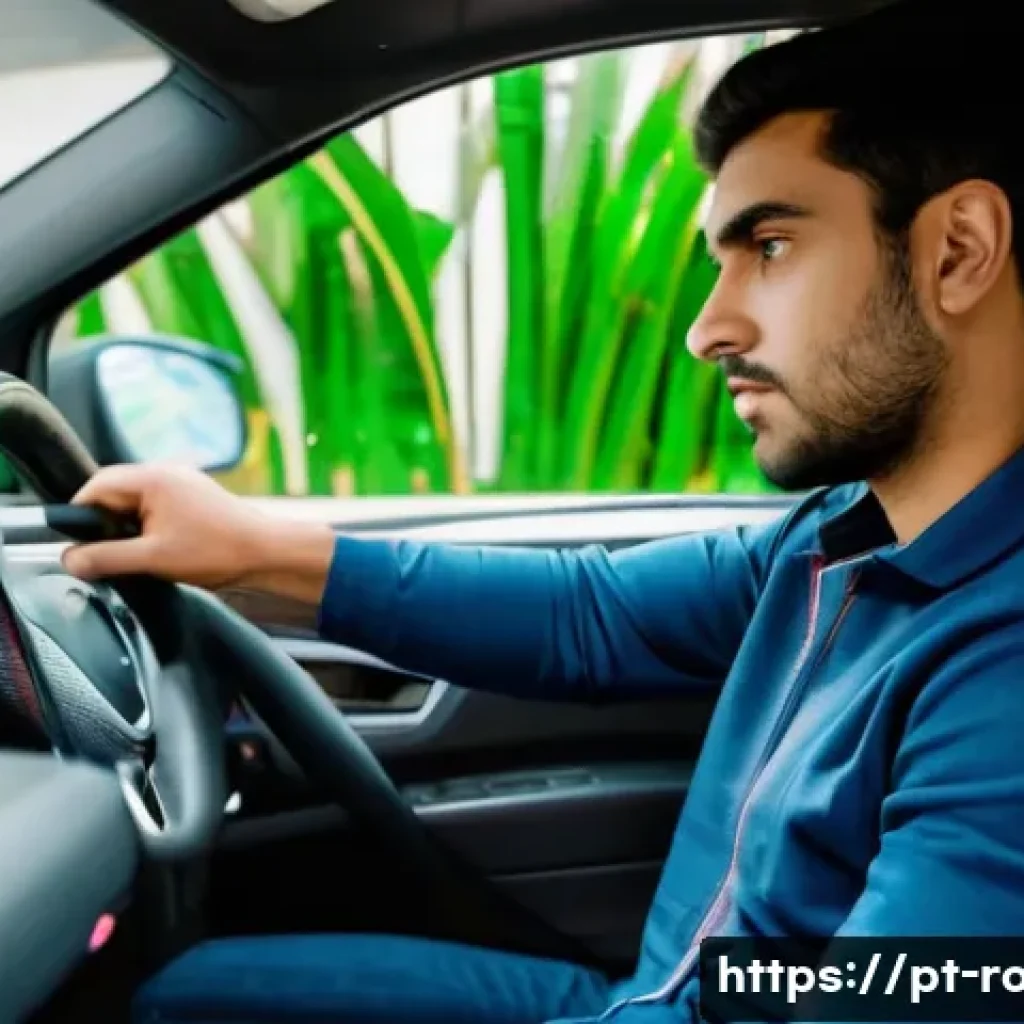도로교통사 실기시험 합격 전략 - A focused scene of a young adult driver in casual attire adjusting the car seat and side mirrors bef...