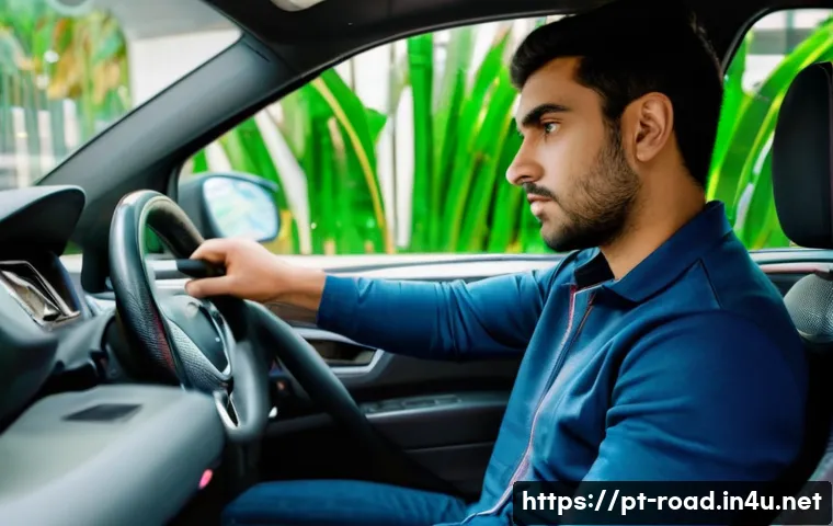 도로교통사 실기시험 합격 전략 - A focused scene of a young adult driver in casual attire adjusting the car seat and side mirrors bef...