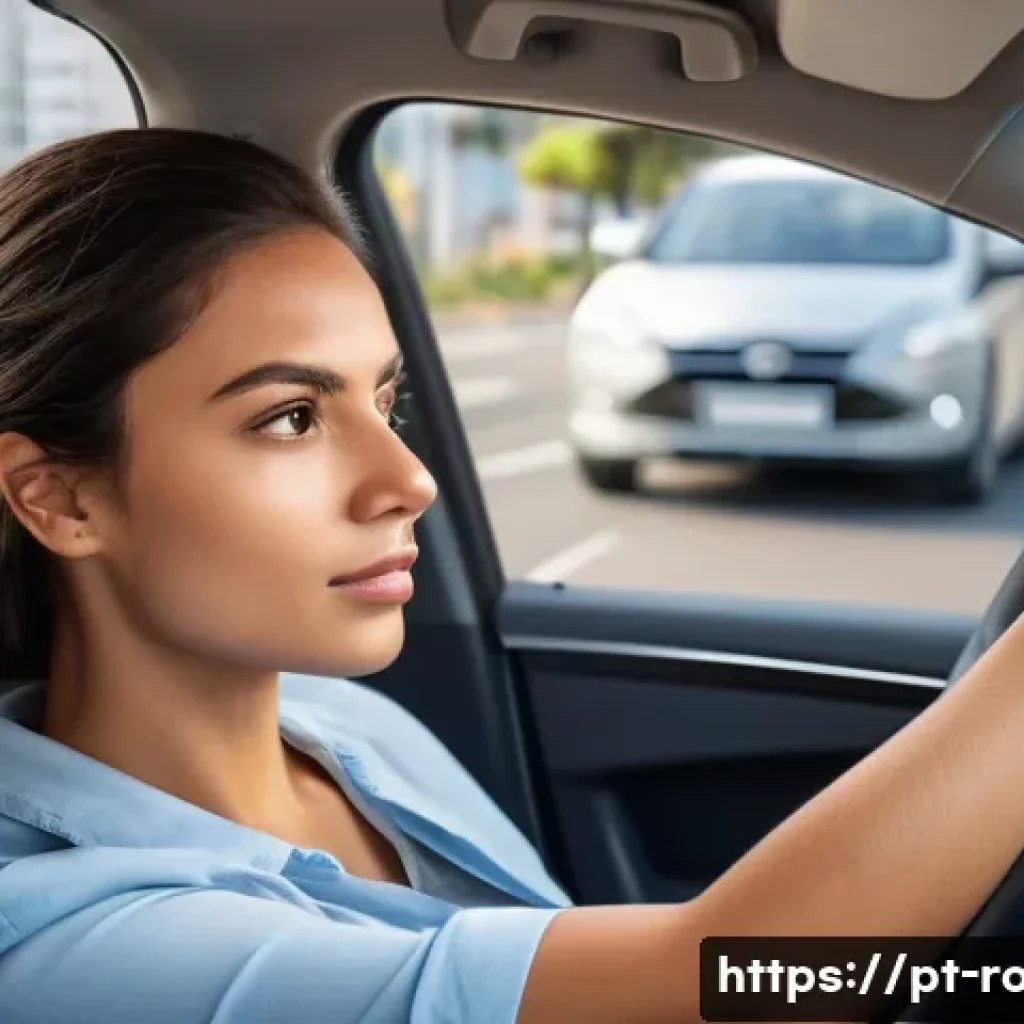 도로교통사 실기시험 준비 꿀팁 - A focused Brazilian driving test candidate inside a modern compact car, hands positioned correctly a...
