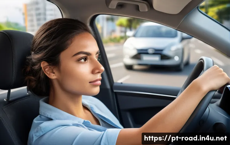 도로교통사 실기시험 준비 꿀팁 - A focused Brazilian driving test candidate inside a modern compact car, hands positioned correctly a...