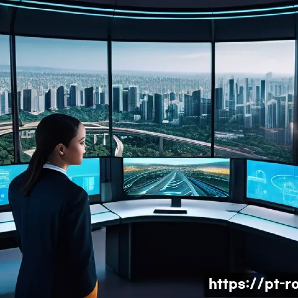 도로교통사 자격증의 미래 전망 - A futuristic urban traffic control center with large digital screens displaying real-time traffic fl...