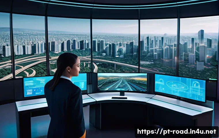 도로교통사 자격증의 미래 전망 - A futuristic urban traffic control center with large digital screens displaying real-time traffic fl...