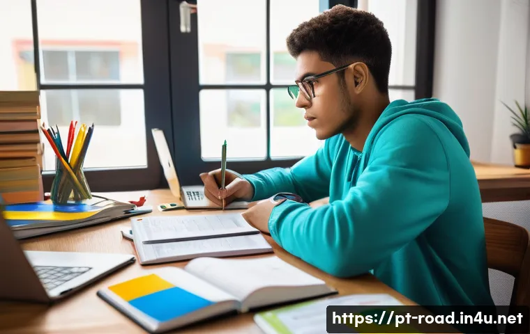 도로교통사 자격증 준비 도서 추천 - A focused young adult studying at a cozy desk filled with Brazilian driving license theory books, co...