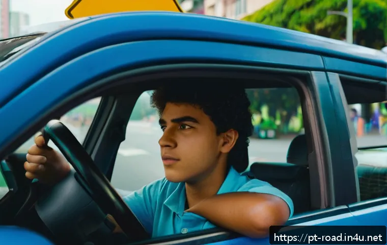 도로교통사 실기시험 합격 사례 분석 - A young adult Brazilian driver during a practical driving exam in an urban environment, wearing a se...