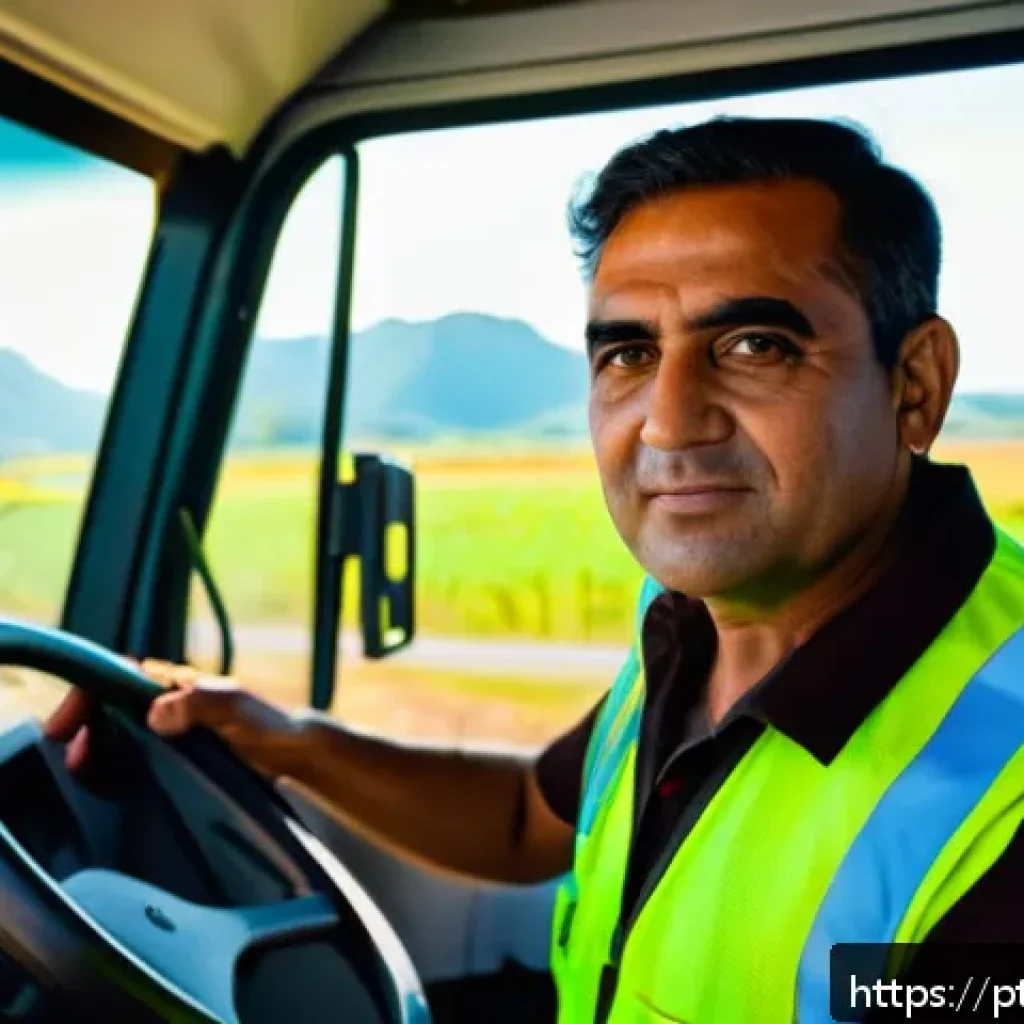 도로교통사 자격증 취득 난이도 - A professional Brazilian truck driver wearing a clean uniform and safety vest, sitting confidently b...