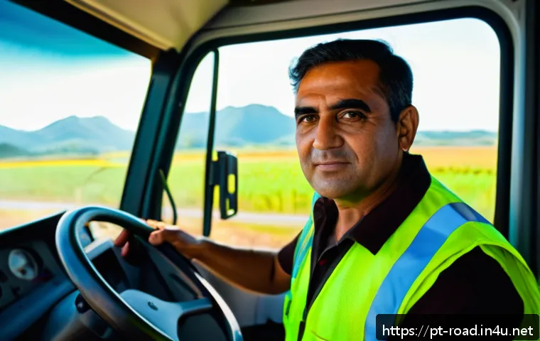 도로교통사 자격증 취득 난이도 - A professional Brazilian truck driver wearing a clean uniform and safety vest, sitting confidently b...