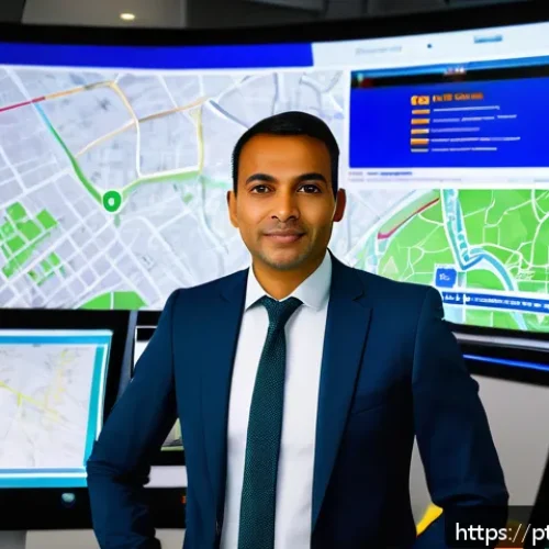 Home 32 도로교통사 이직 시 연봉 상승 전략 - A professional urban traffic engineer standing confidently in front of a modern smart traffic contro...