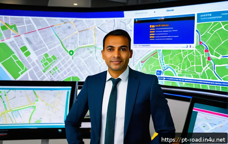 도로교통사 이직 시 연봉 상승 전략 - A professional urban traffic engineer standing confidently in front of a modern smart traffic contro...