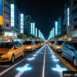 Home 19 도로교통사와 관련된 최신 기술 - A modern urban street scene in a Brazilian city at dusk featuring dynamic digital traffic signs disp...