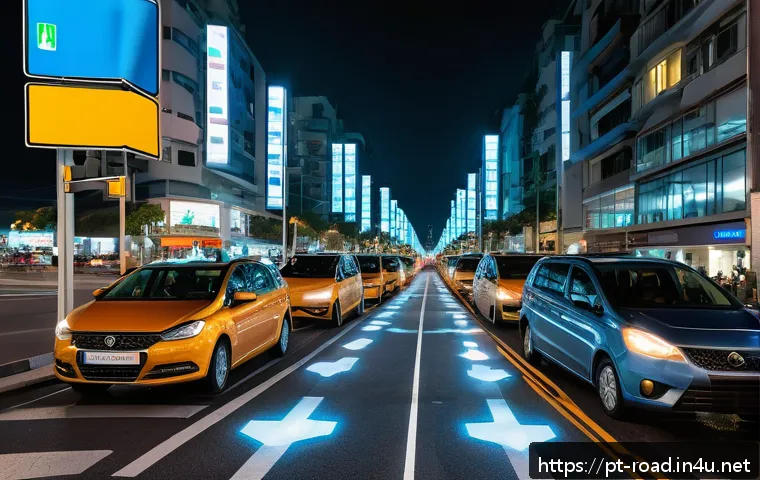 도로교통사와 관련된 최신 기술 - A modern urban street scene in a Brazilian city at dusk featuring dynamic digital traffic signs disp...