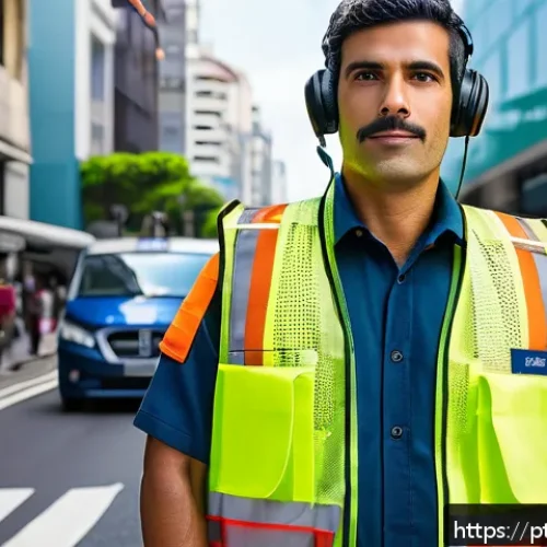 Home 17 도로교통사 실무 도구와 장비 - A professional traffic officer wearing a high-visibility reflective vest and modern protective unifo...