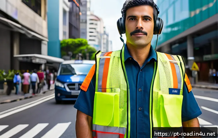 도로교통사 실무 도구와 장비 - A professional traffic officer wearing a high-visibility reflective vest and modern protective unifo...
