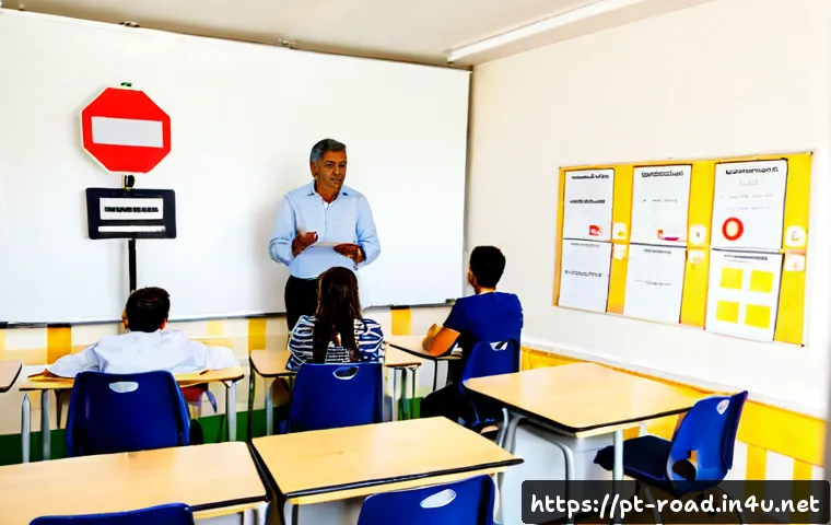 Home 17 도로교통사 실무 과정에서 자주 나오는 문제 - Photorealistic driving school classroom in Portugal, a middle-aged instructor calmly explaining a ro...